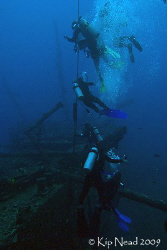 Divers heading back up the line from the Mahi wreck, Waia... by Kip Nead 